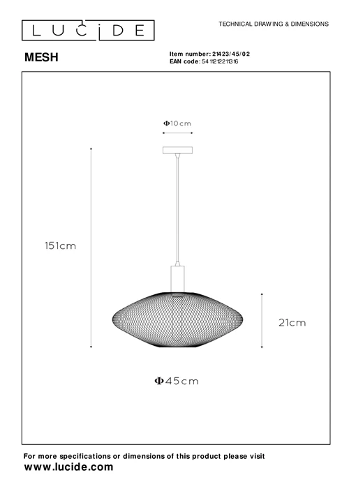 Lucide MESH - Lámpara colgante - Ø 45 cm - 1xE27 - Oro mate / Latón - técnico